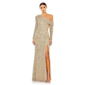 MAC DUGGAL sequined one shoulder long sleeve evening gown 2 NWT